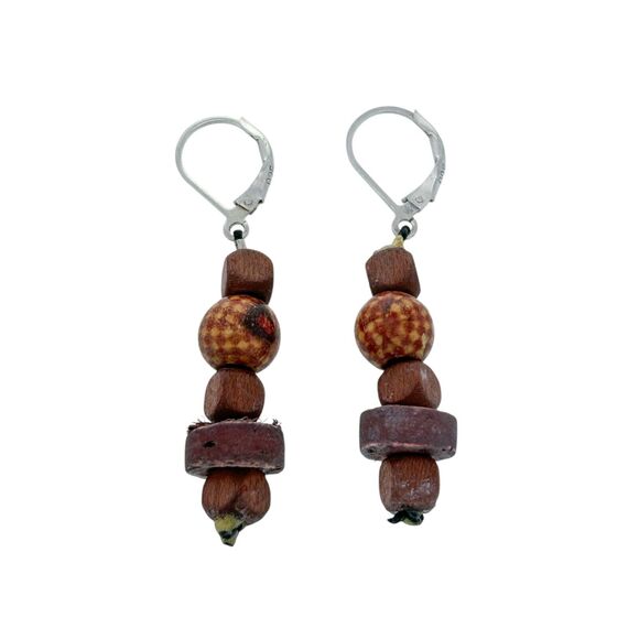 Vintage Sterling Silver 925 Wooden Bead Dangle Earrings - Picture 1 of 5